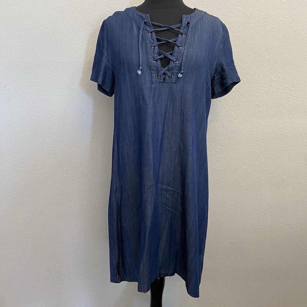 Ovi Women's Chambray Tencel Lace up Blue‎ Denim Shirt Dress Size Small